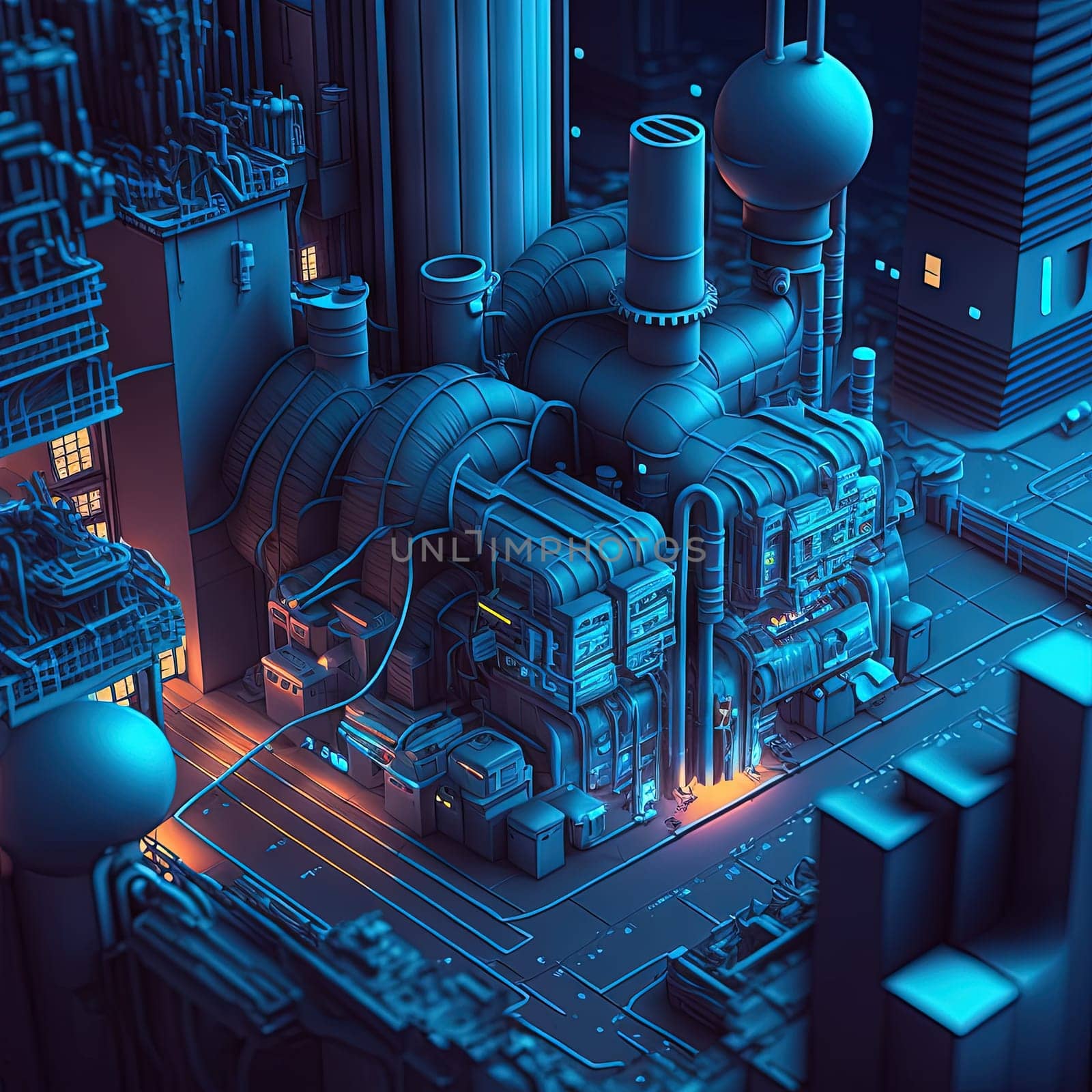 Synthwave styled factory with isometric view. Blue and purple industrial cityscape with neon lights. Generated AI