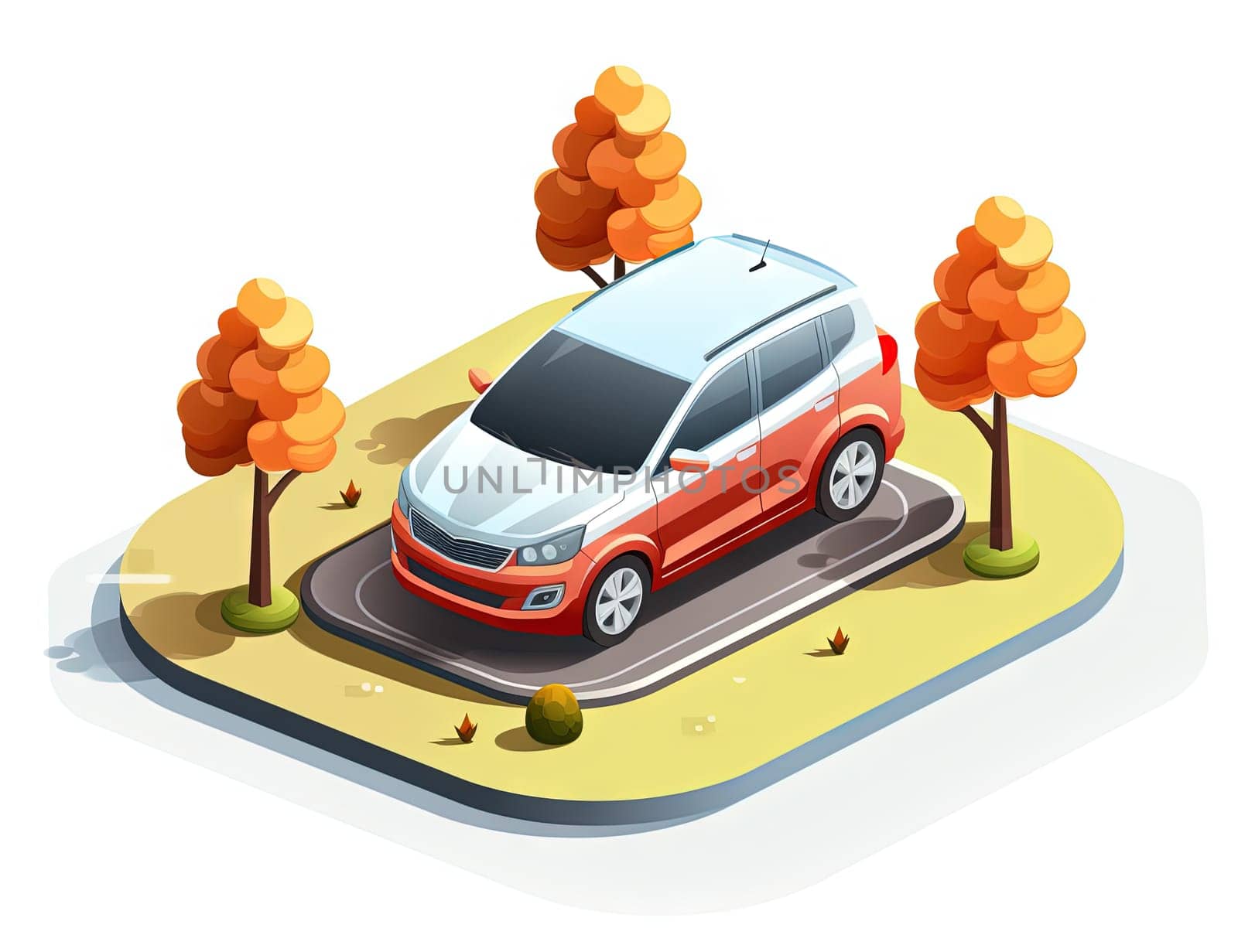 Isometric retro car travelling with elements of environment. Generated AI