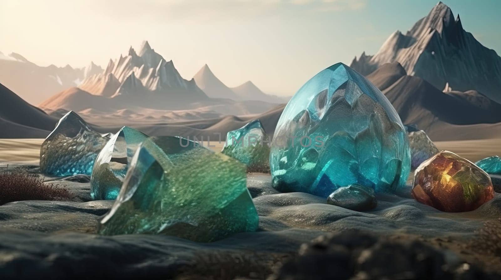 Science fiction landscape with glass mountains. Alien planet with melted glass rocks. Generated AI