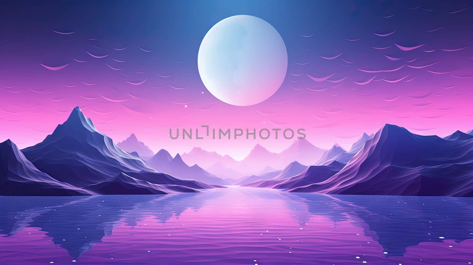 Pink landscape with moon over polygonal mountains. Calm surreal backround. Generated AI