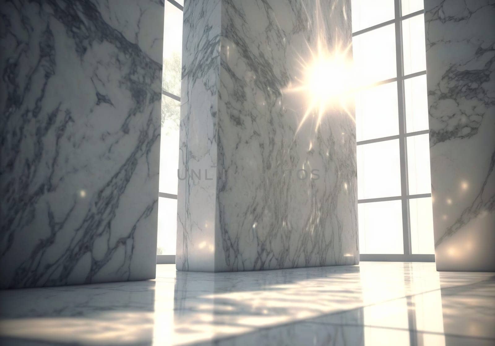 Abstract marble room with shiny lights. Interior view with marble background and scenic lightning. Generated AI. by SwillKch