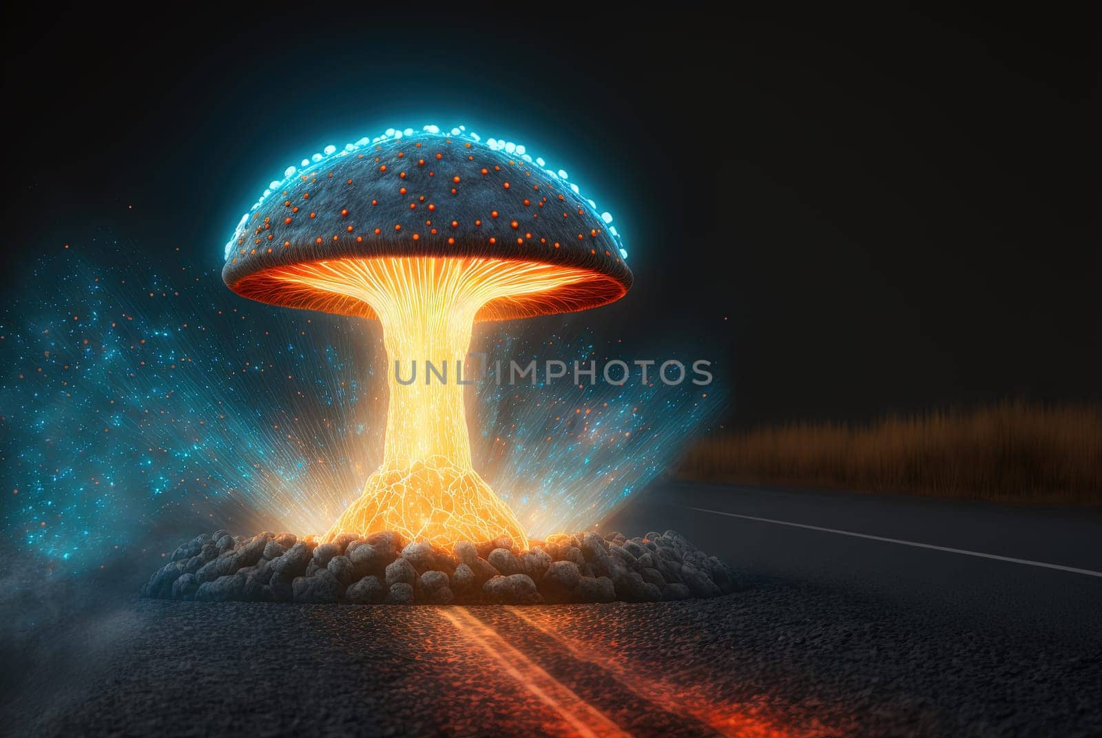 Mysterious sci-fi alien mushroom growing through the asphalt road. Generated AI