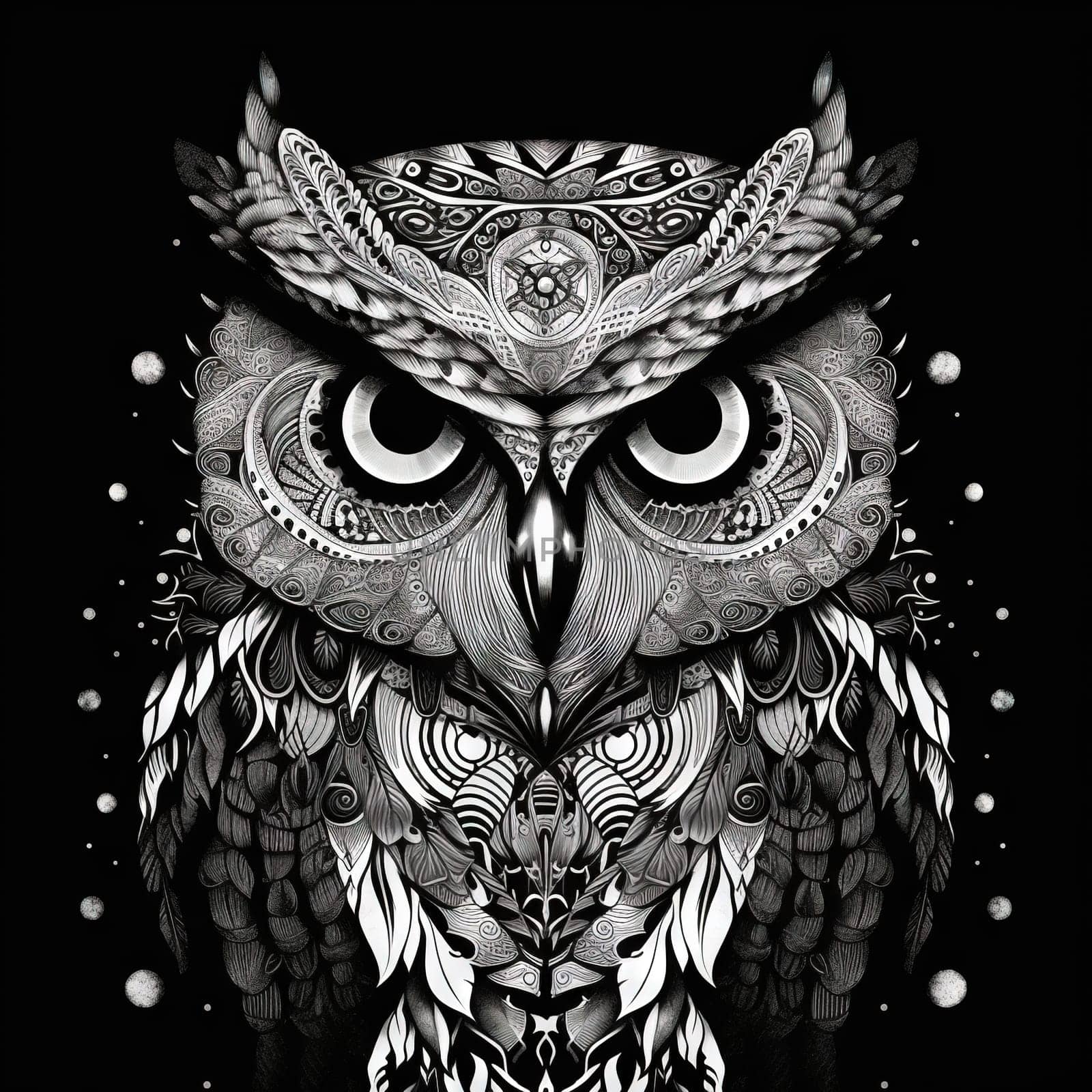Wild owl with mystic design elements. Occult wise bird black and white symbol in vintage style. Generated AI.