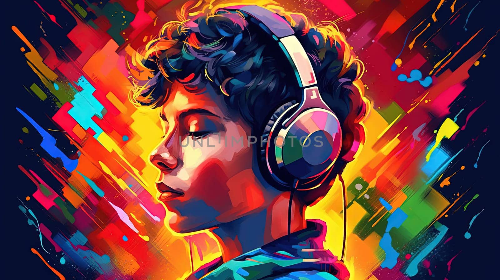 Boy or young man wearing headphones and listening to the exciting music. Juicy color splashes around. Generated AI