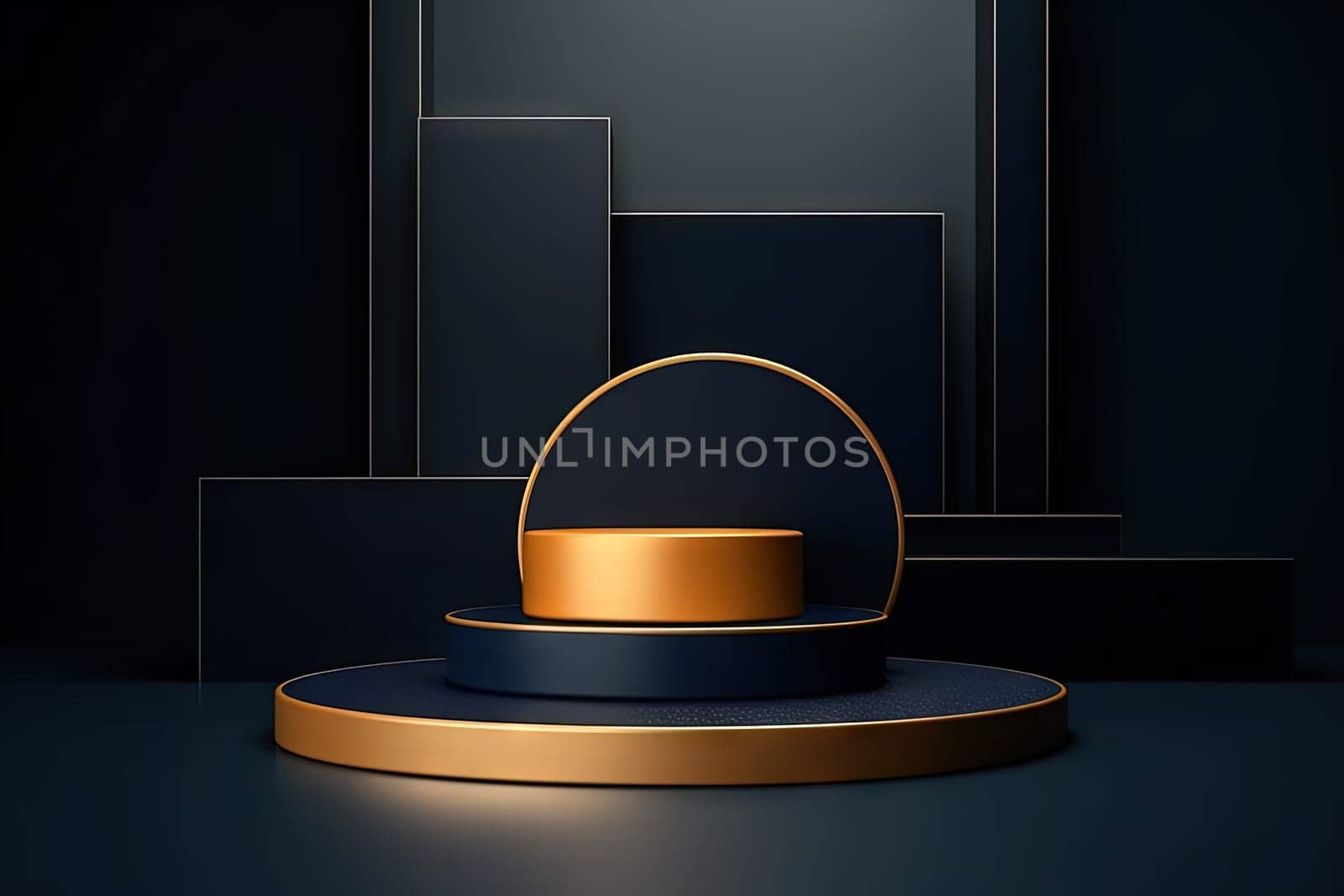 Dark blue pedestal in black room with geometric shapes. Podium for product showcase. Generated AI. by SwillKch