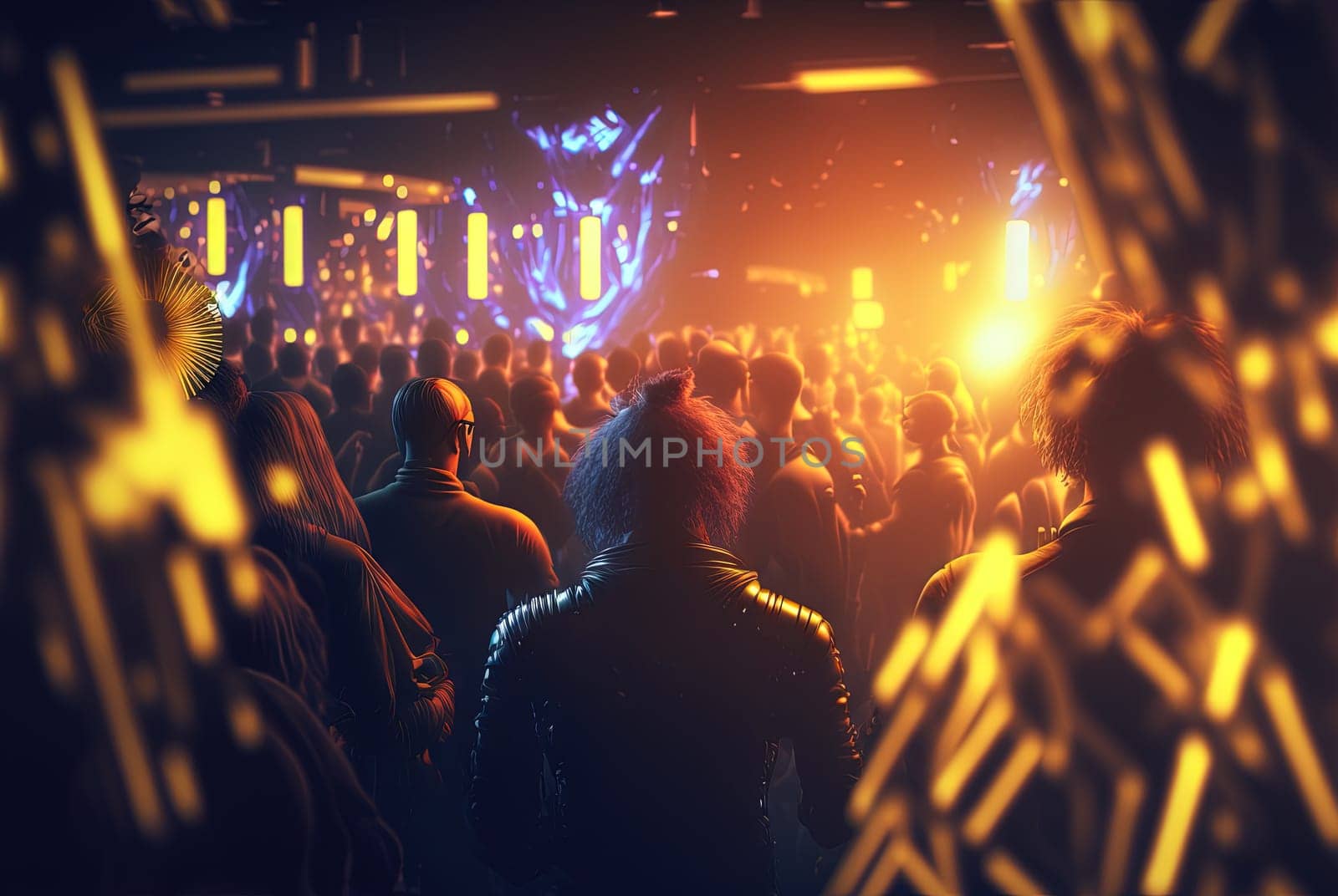 Party people on the show. Night club with lights and dancing people. Party crowd. Generated AI