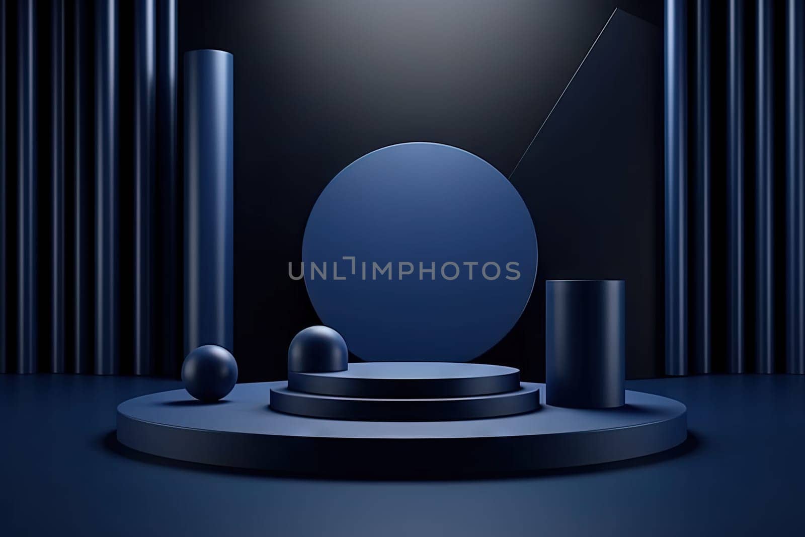 Dark blue pedestal in black room with geometric shapes. Podium for product showcase. Generated AI. by SwillKch