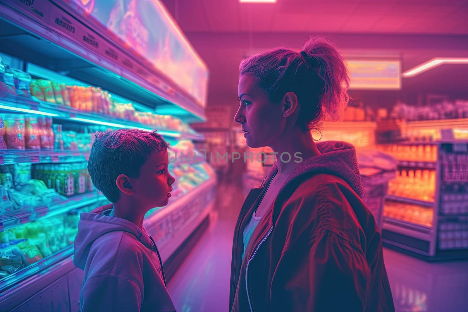 Family of mother and son looking cool in 80s styled synthwave store. People in supermarket. Generated AI