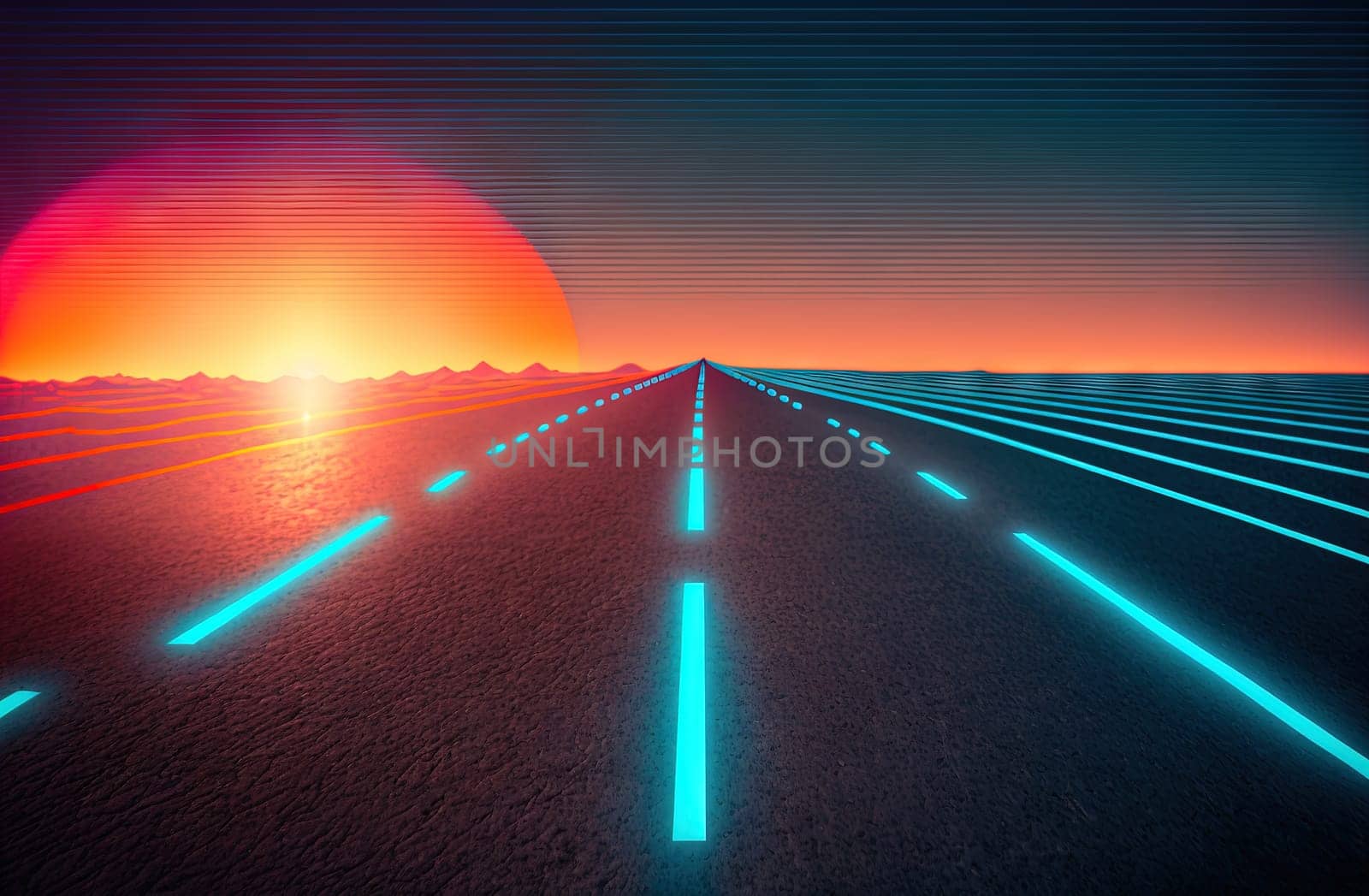 Road to the horizon concept with synthwave colors. Abstract background with surreal night way in 80s style. Generated AI. by SwillKch