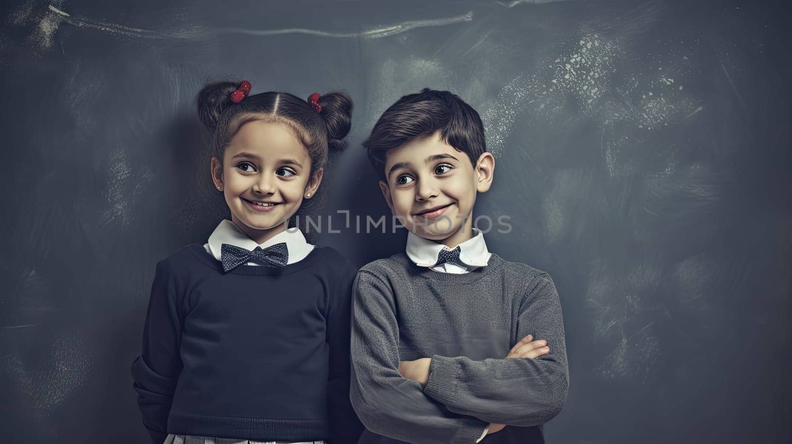School pupil, boy and girl standing in front of black board. School children couple. Generated AI. by SwillKch