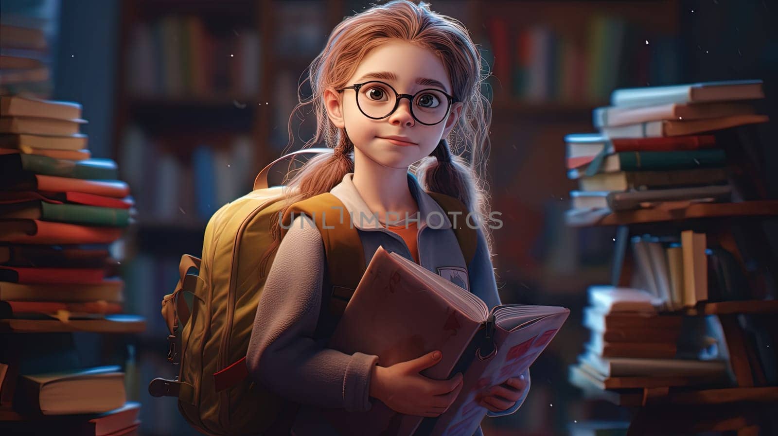 Schoolgirl with backpack and books in 3D cartoon style. Generated AI. by SwillKch