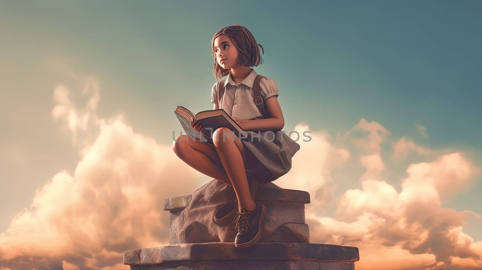 Schoolgirl reads the book in the sky, flying in her dreams and fantasies. Learning concept with little girl in the world of education. Generated AI. by SwillKch