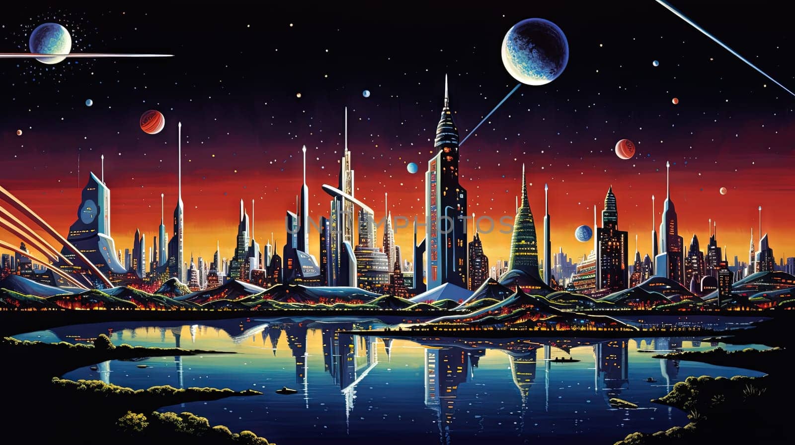Retro futuristic city in the old school sci-fi art scene. Retro space landscape with city. Generated AI. by SwillKch
