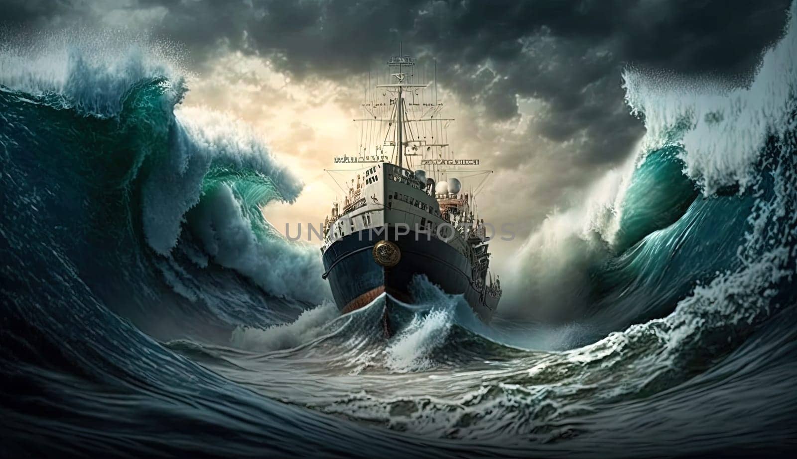 Ship in the stormy sea with huge waves. Giant stormy waves in the ocean and boat. Generated AI