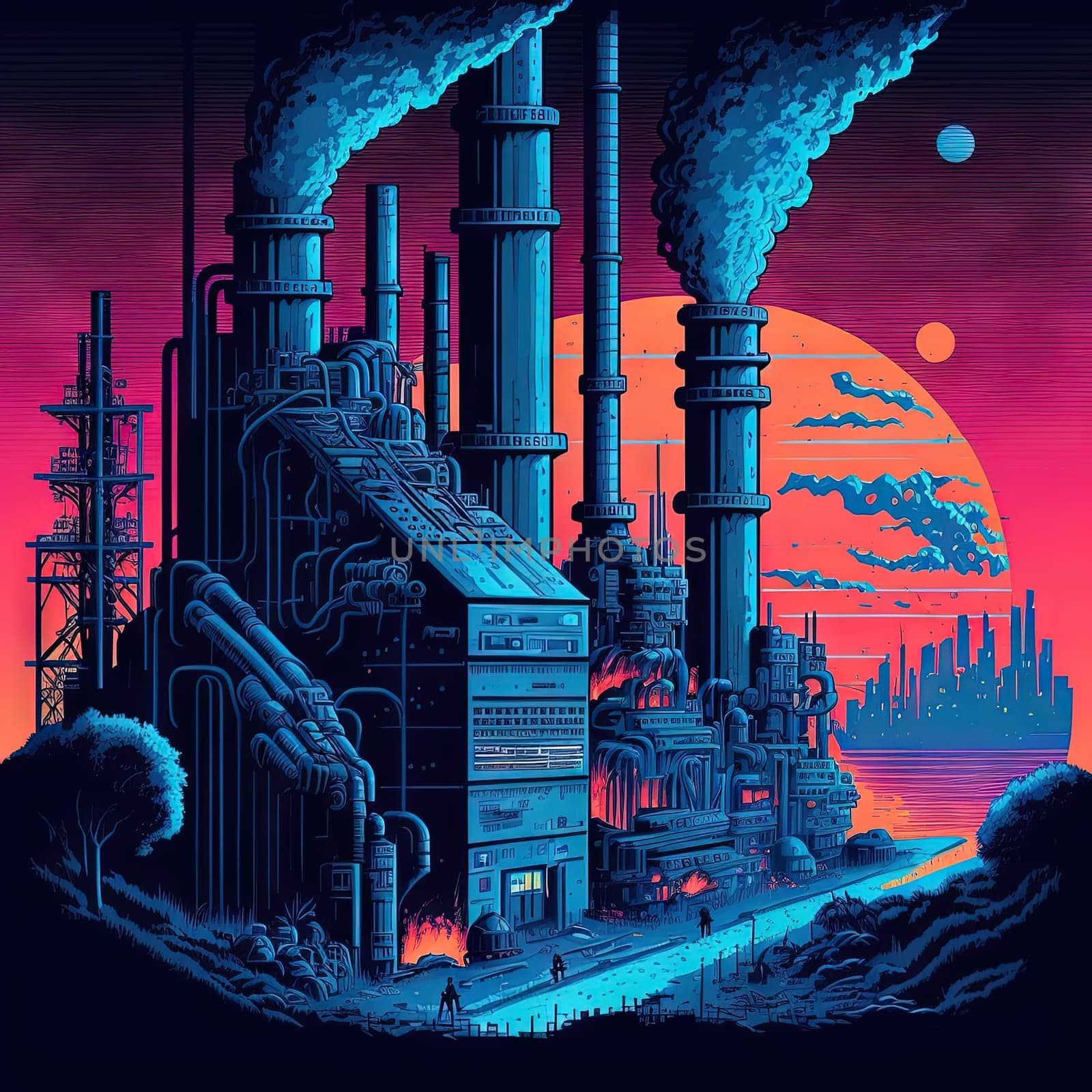 Retro game landscape in 80s style with industrial city district, neon lights and synthwave pixel graphics. Generated AI. by SwillKch