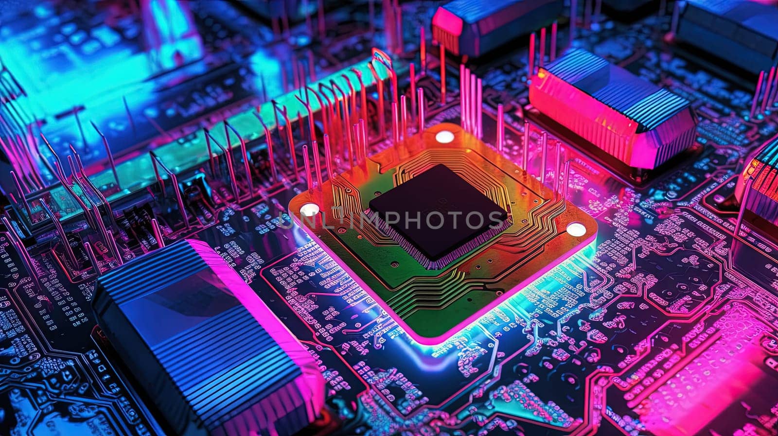 Motherboard with chips and connections in purple and blue neon lights. Technology background with microchips on hardware circuitboard. Generated AI