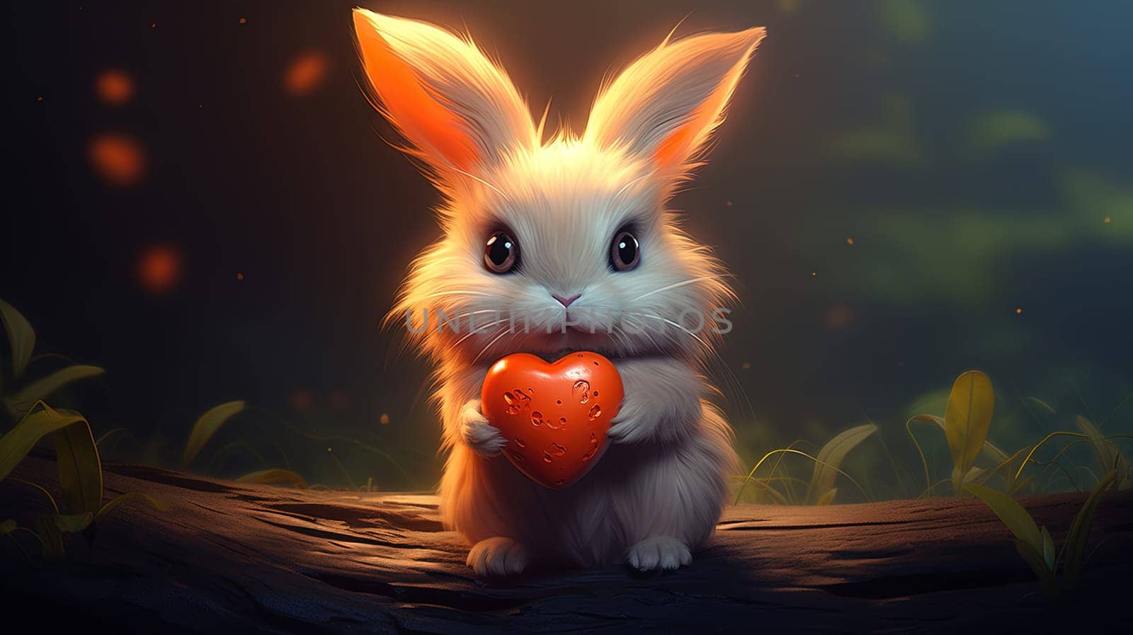 Cute fluffy rabbit hugging red heart. Valentine's Day greetings from romantic bunny holding heart. Generative AI