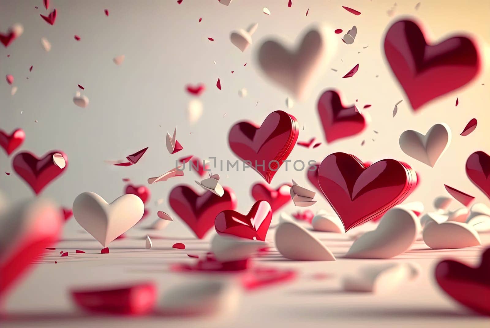 Abstract flying hearts, romantic pink symbols scattered to show love. Blurred background. Generated AI