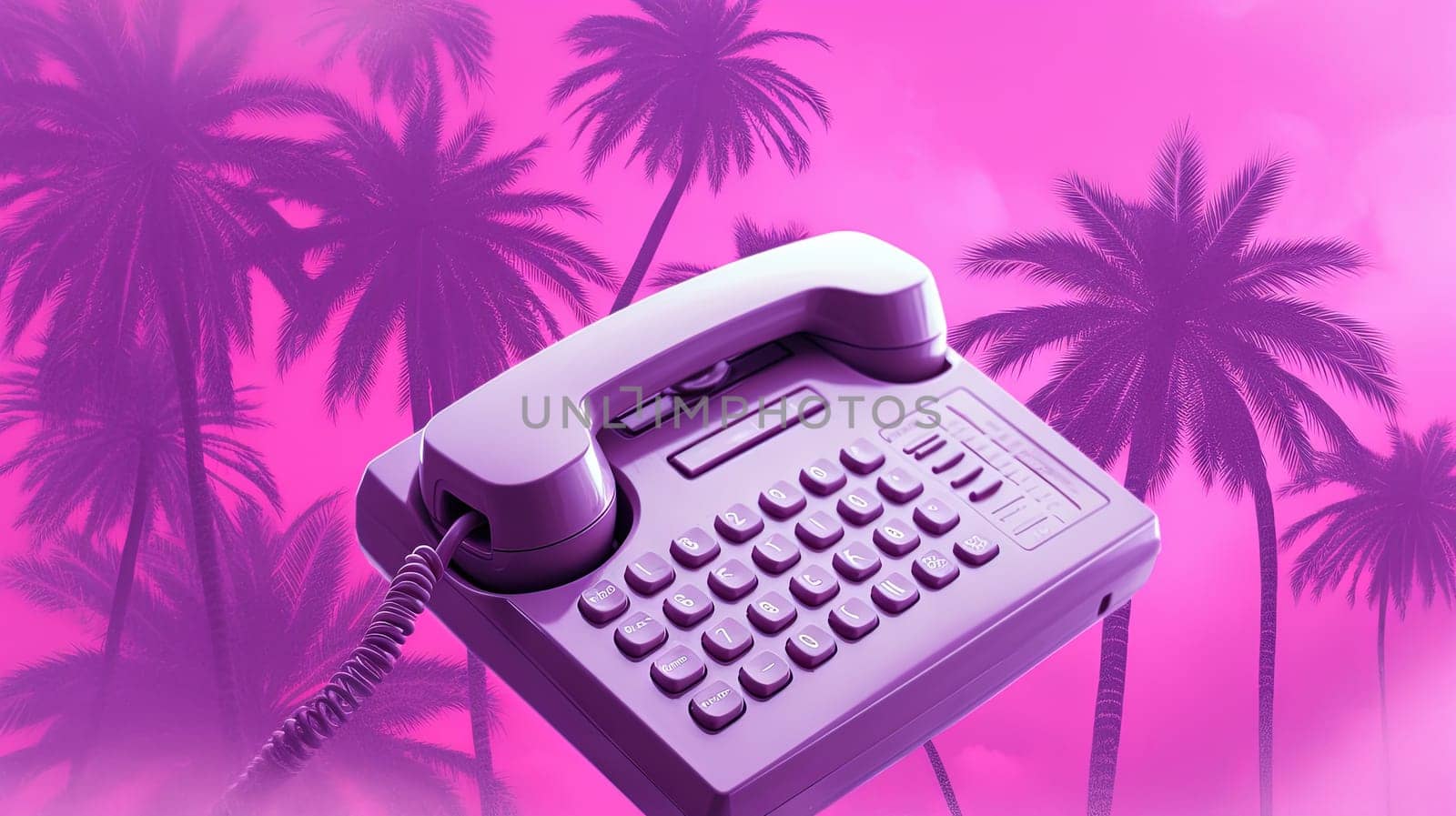 Vaporwave styled scene with retro phone and palms in purple color. Generated AI