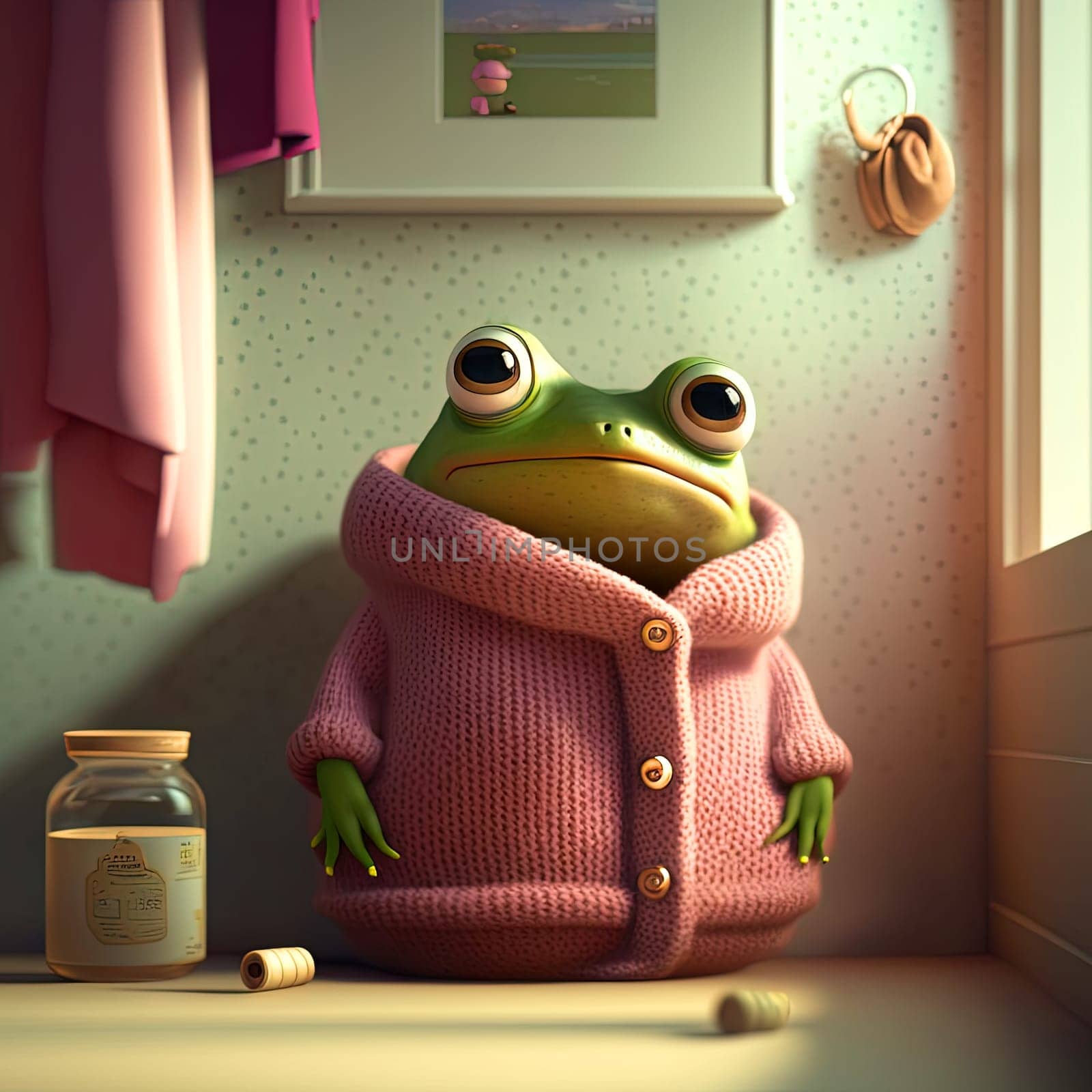 Frog in pink knitted sweater relaxing at home. Funny green frog in cozy clothes, self care concept. Generative AI