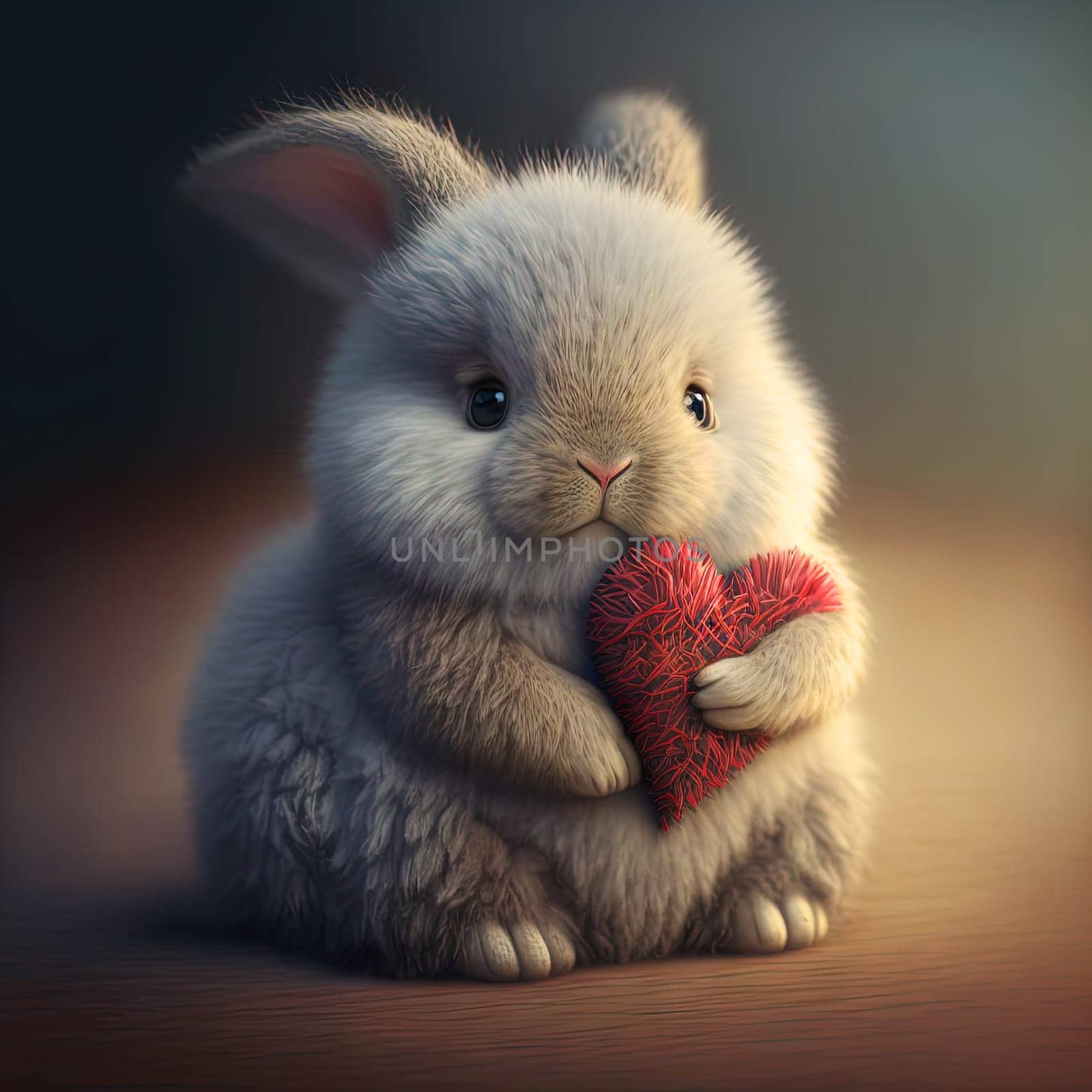 Cute fluffy rabbit hugging red heart. Valentine's Day greetings from romantic bunny holding heart. Generative AI