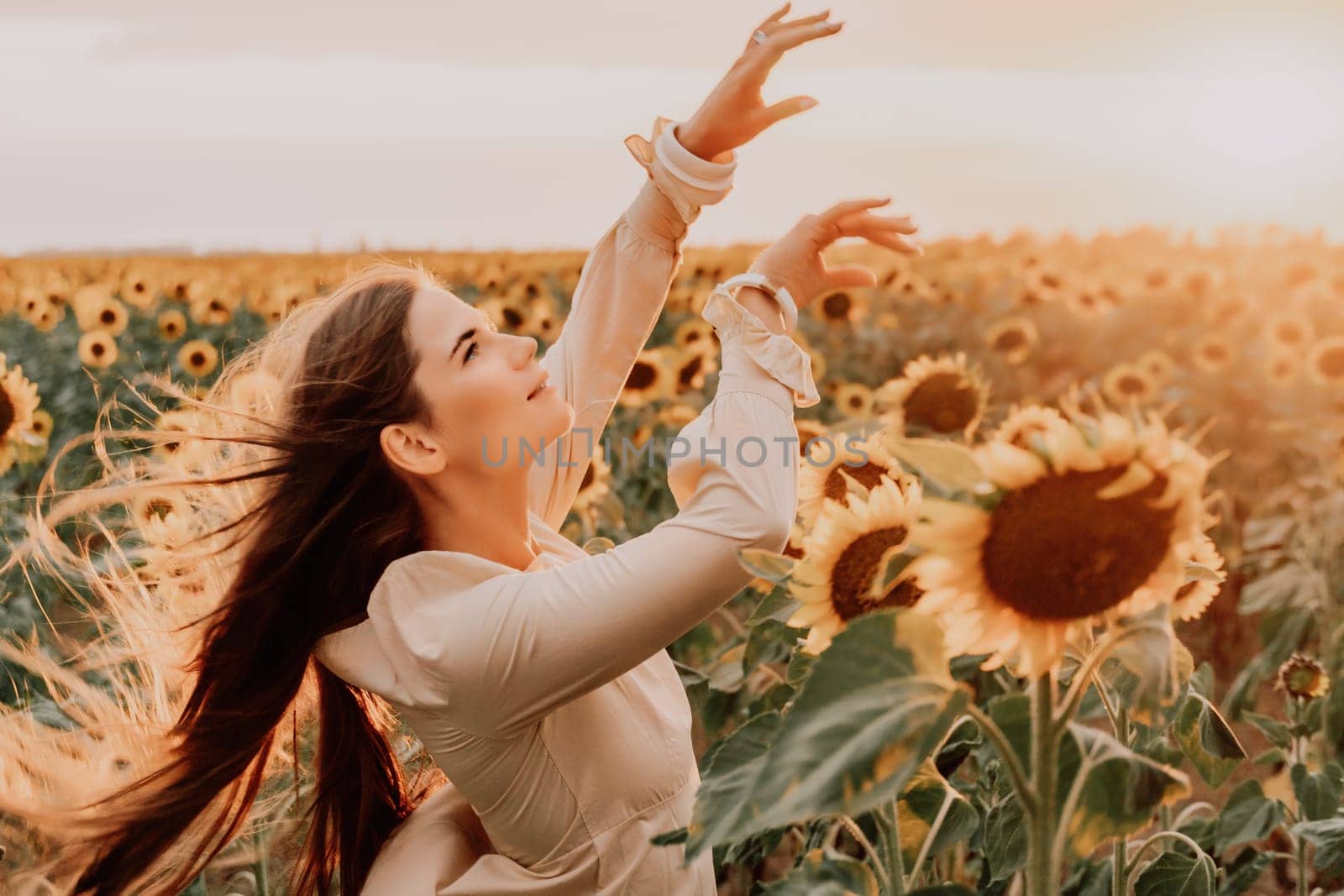 Woman in the sunflowers field. Summer time. Young beautiful woman standing in sunflower field.