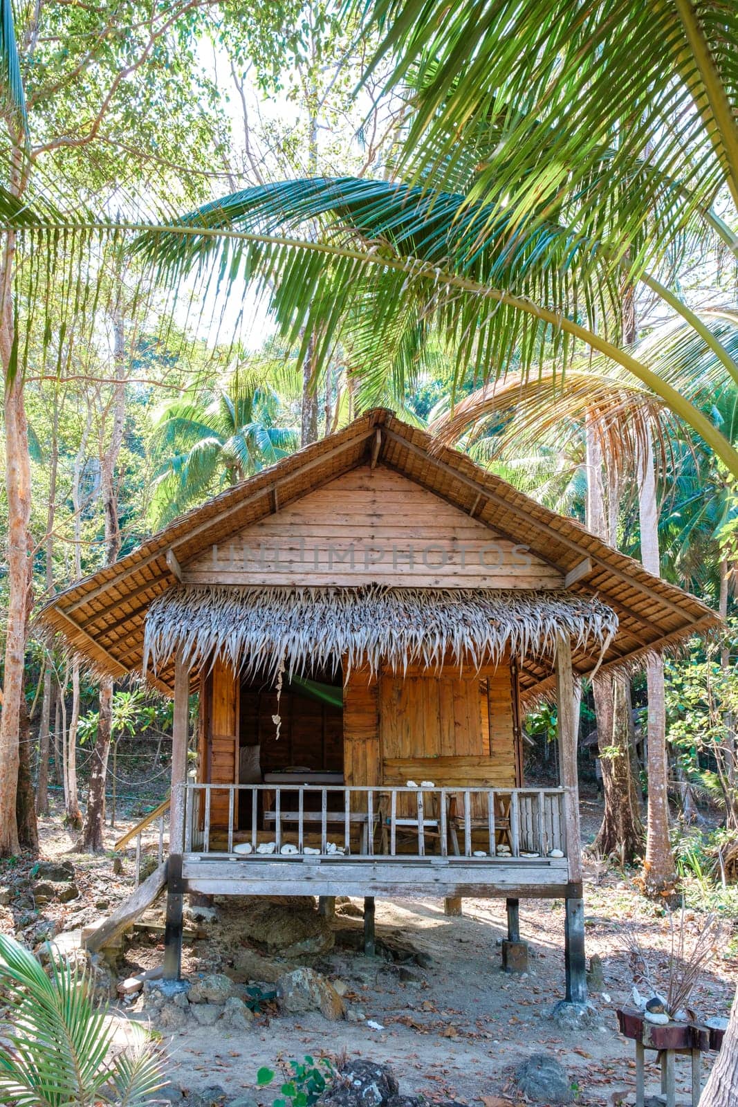 Wooden bungalow on the beach of Koh Wai Island Trat Thailand is a tinny tropical Island near Koh Chang. wooden bamboo hut bungalow on the beach