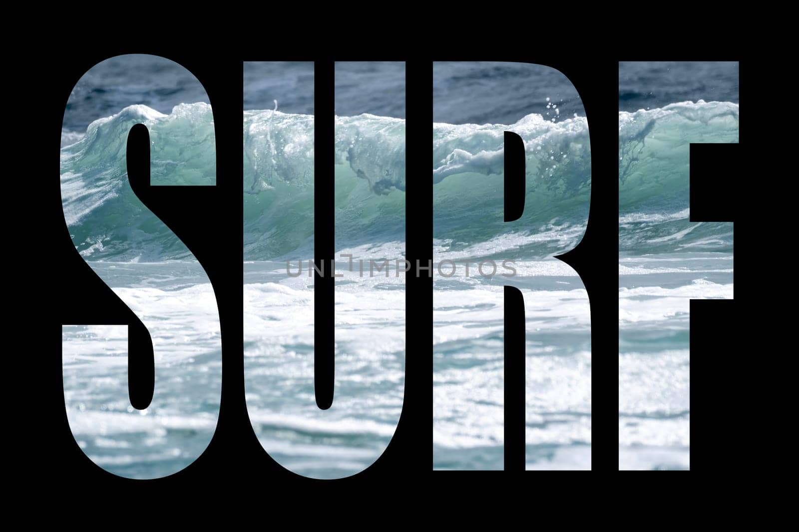 Text cutout on black background filled with image of breaking waves on a California beach. Text reads surf by bRollGO
