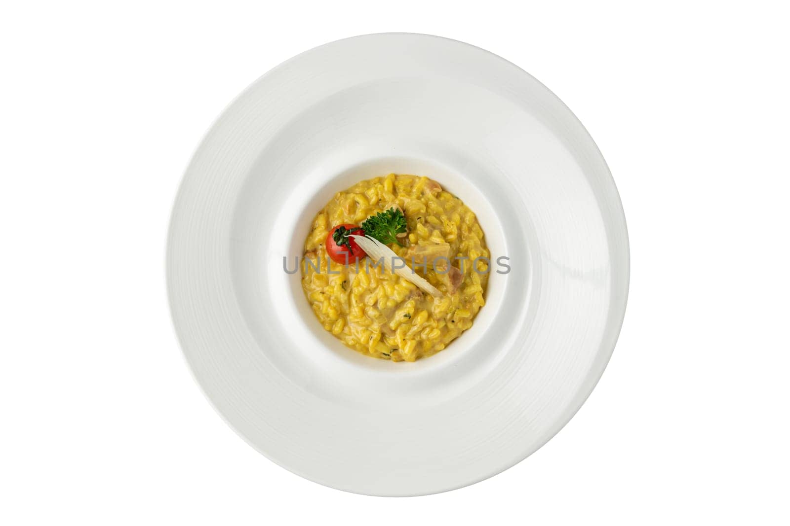 Parmesan cheese risotto on a white porcelain plate by Sonat