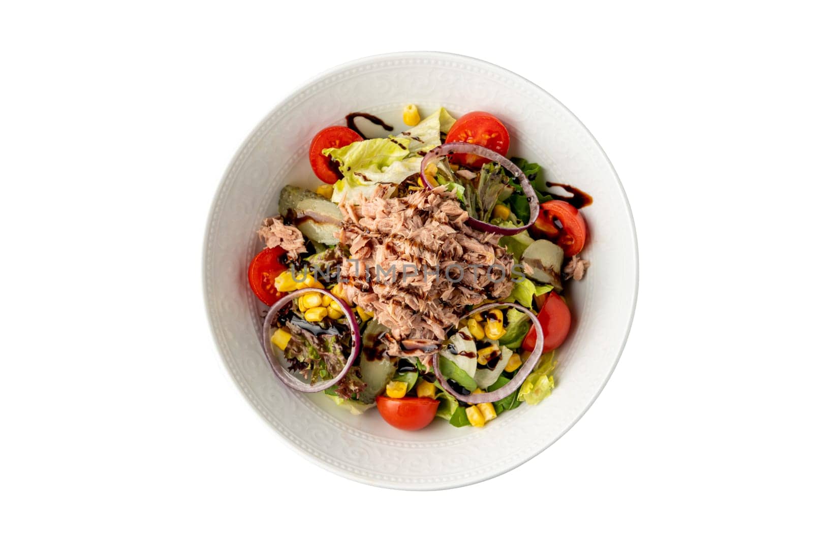 Healthy diet food tuna salad on white porcelain plate by Sonat