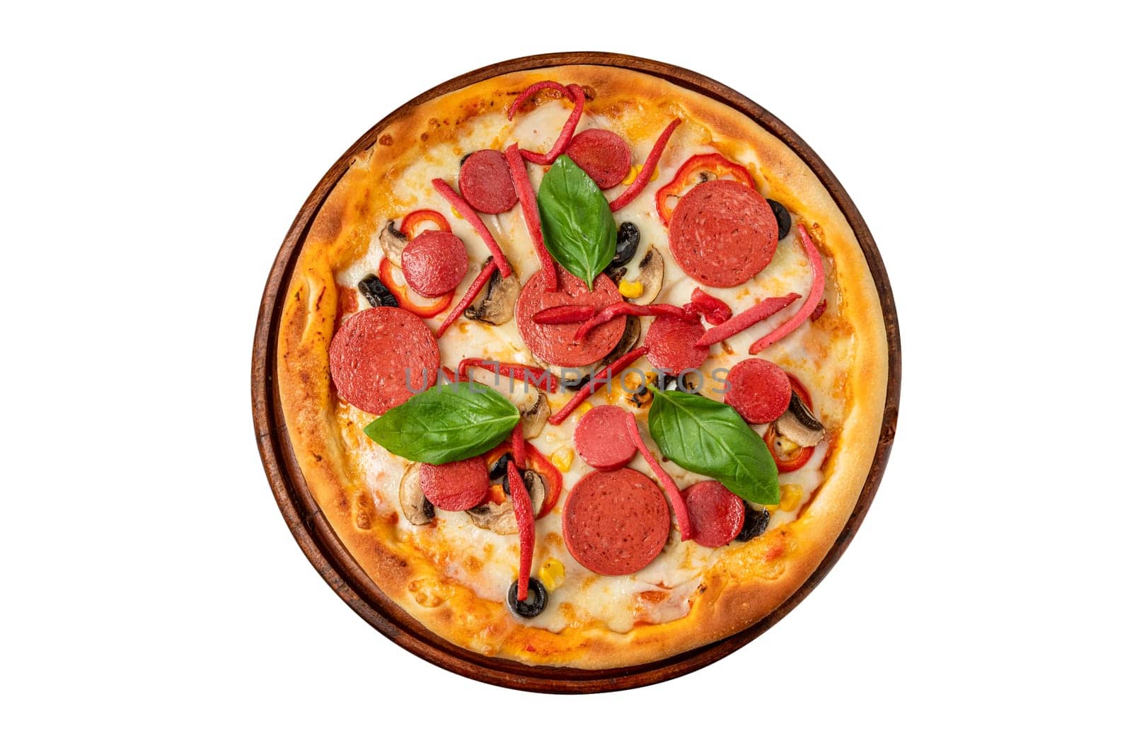 Mixed pizza with sausage, salami and mushrooms on white background by Sonat