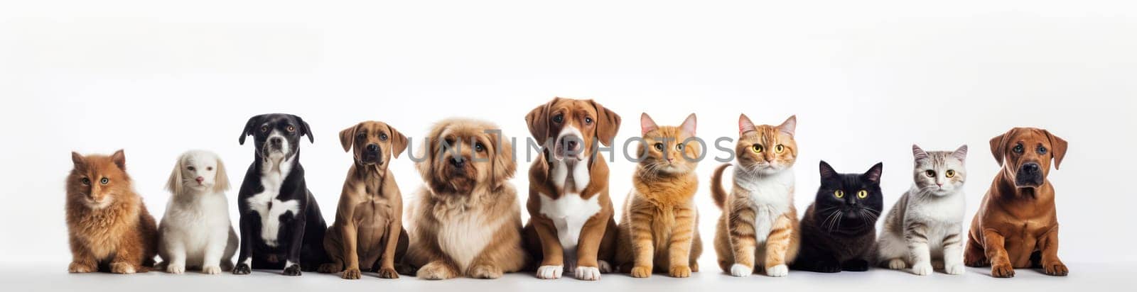 Playful companionship: A Cute Group of White Domestic Dogs and Cats Sitting Together in a Studio with a White Background