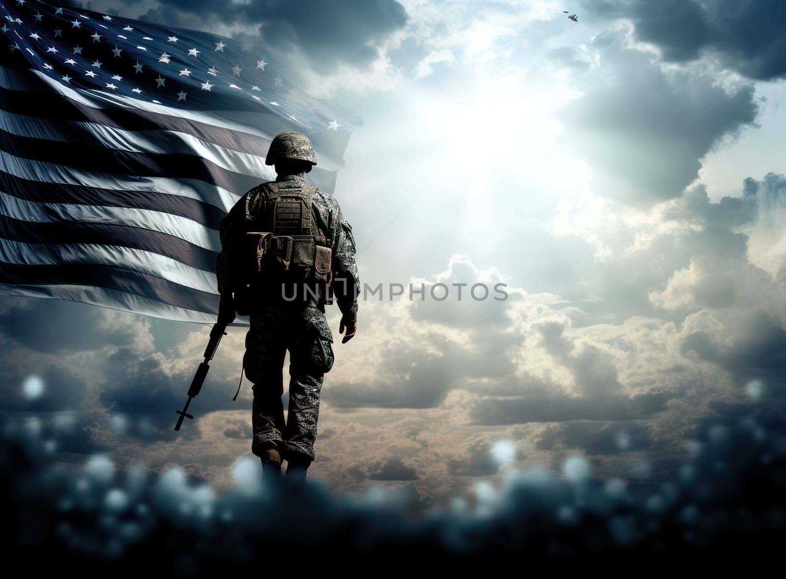 Silhouette of an American Soldier Honoring the Independence Day with a Salute, Against a Background of United States Flag by Vichizh