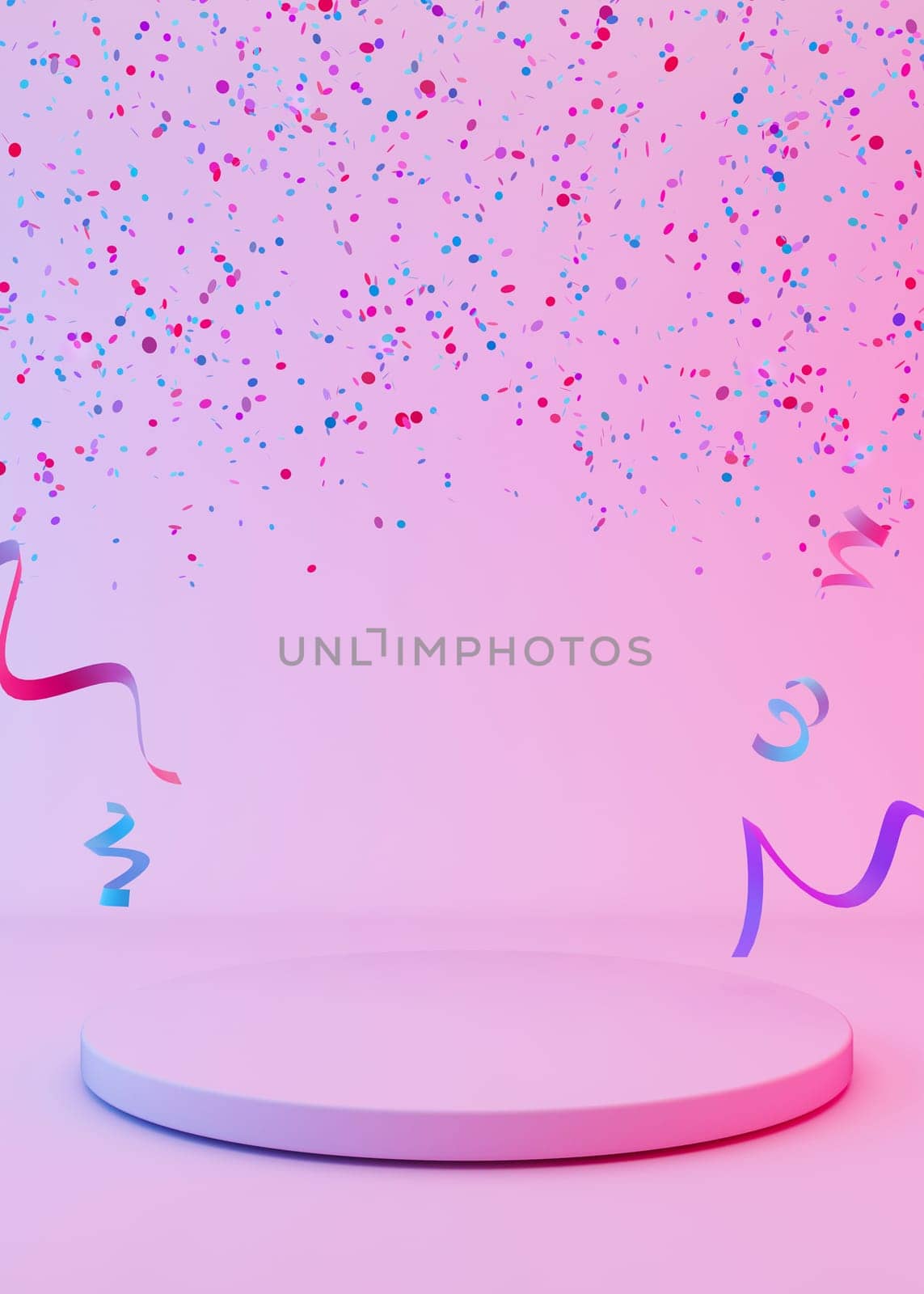 Round podium with falling confetti and neon light. Modern podium for product, cosmetic presentation. Mock up. Pedestal or platform for beauty products. Empty scene. Display, showcase. 3D rendering