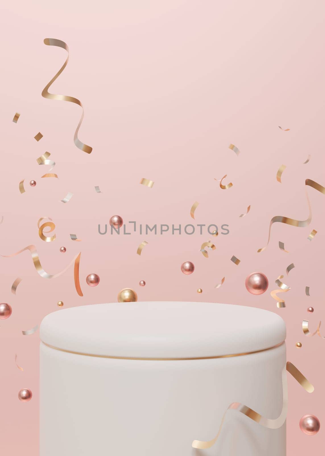 Elegant soft pink vertical background with pedestal adorned with gold rim, surrounded by floating golden confetti and pearls, ideal for showcasing products, luxury events, celebratory visuals. 3D