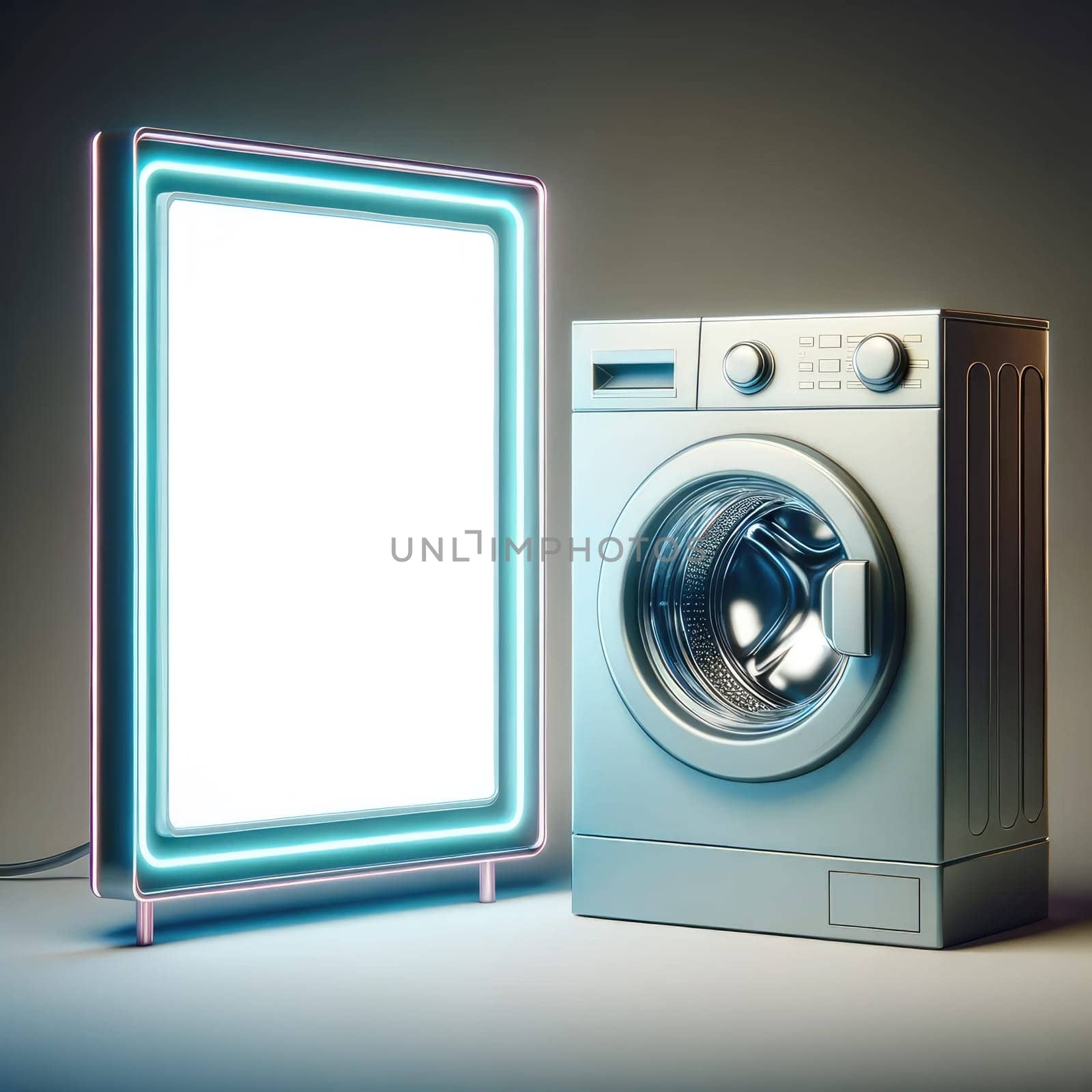 Washing machine beside glowing blank neon sign copy space. Generative AI.
