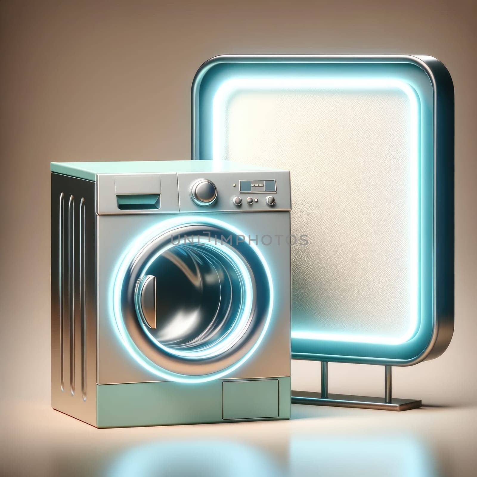 Washing machine beside glowing blank neon sign copy space. Generative AI by itchaznong