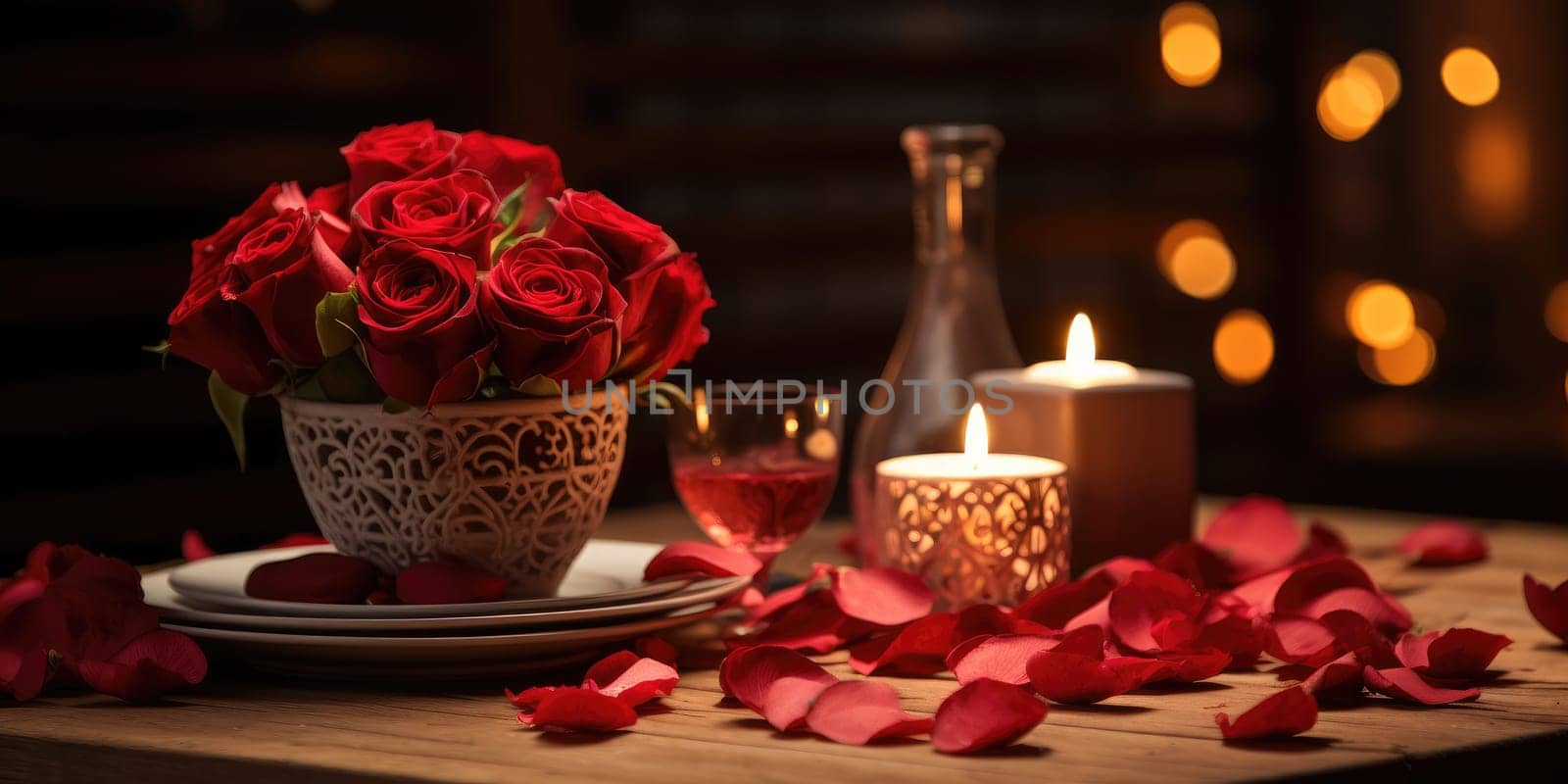 Romantic dinner with a red rose bouquet and candle. Generative AI.