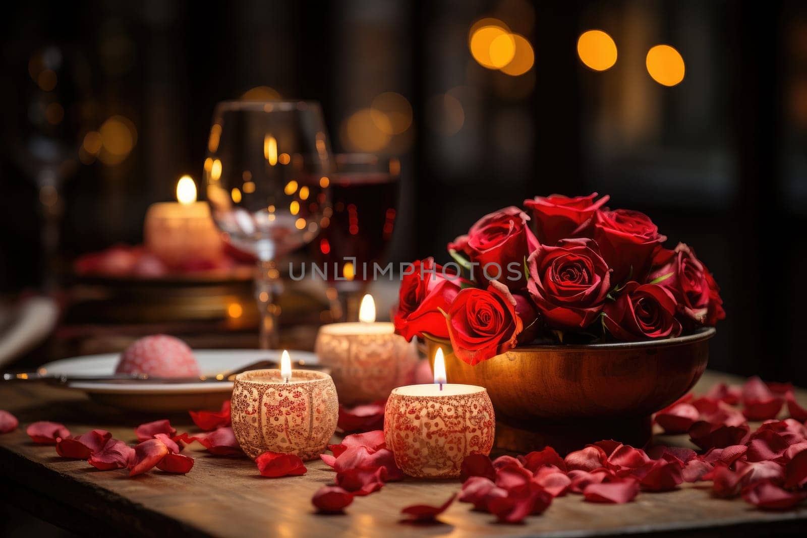 Romantic dinner with a red rose bouquet and candle. Generative AI by itchaznong