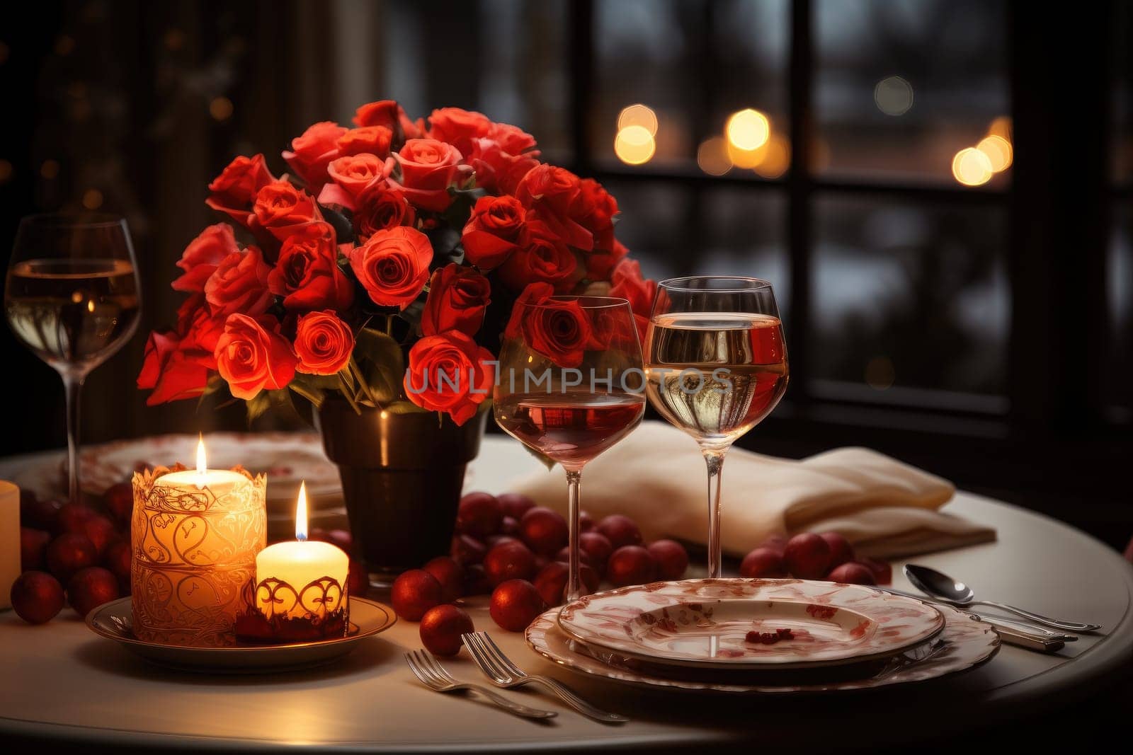 Romantic dinner with a red rose bouquet and candle. Generative AI by itchaznong