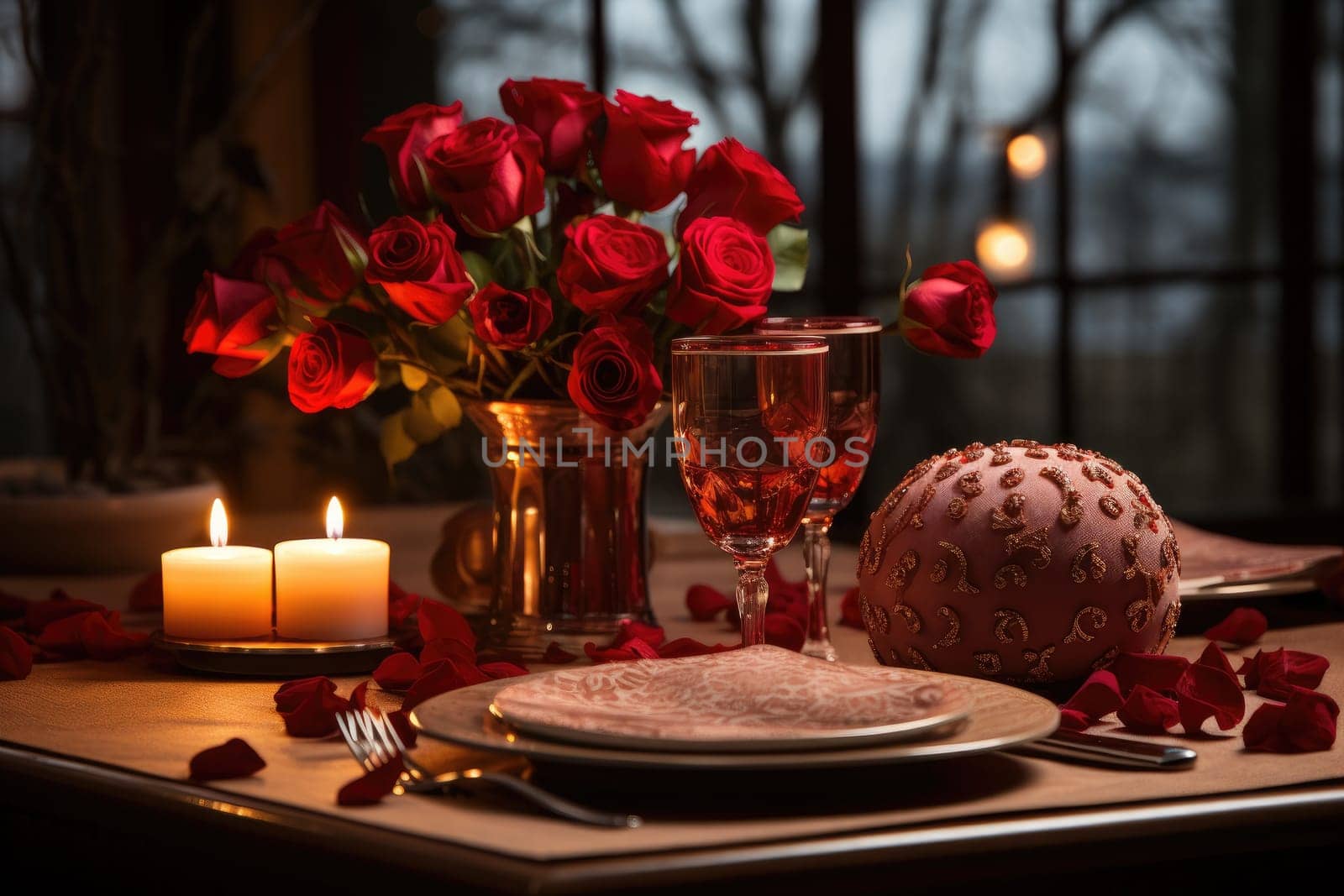Romantic dinner with a red rose bouquet and candle. Generative AI by itchaznong