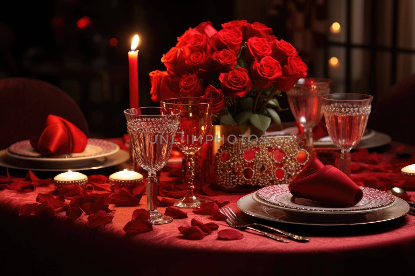 Romantic dinner with a red rose bouquet and candle. Generative AI by itchaznong