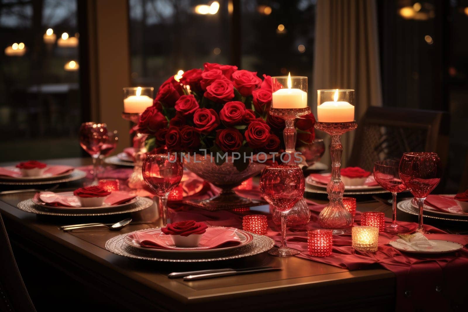 Romantic dinner with a red rose bouquet and candle. Generative AI by itchaznong