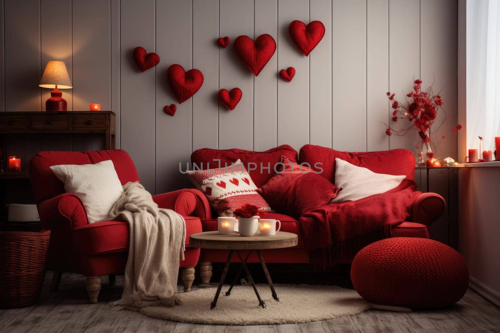 Living room decorate with Valentine theme. Generative AI by itchaznong