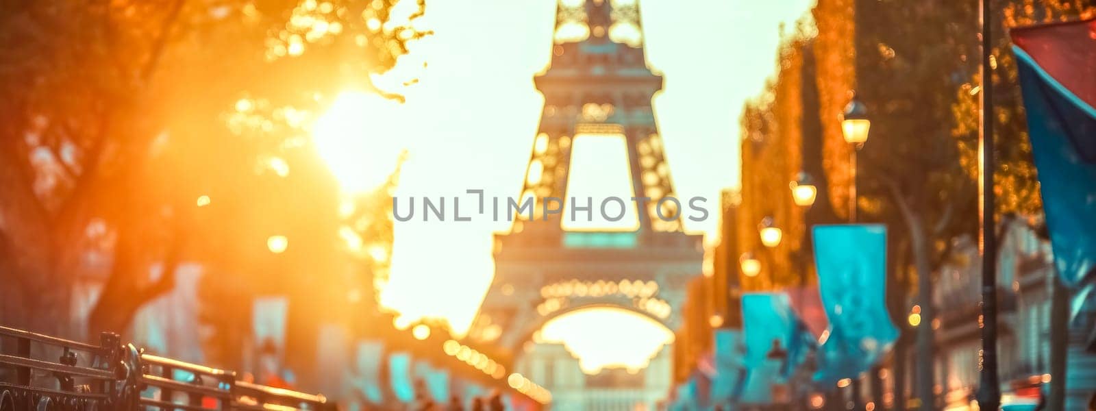 blurred background featuring the Eiffel Tower in Paris, with a warm, glowing sunset hue and street lamps lining a boulevard by Edophoto