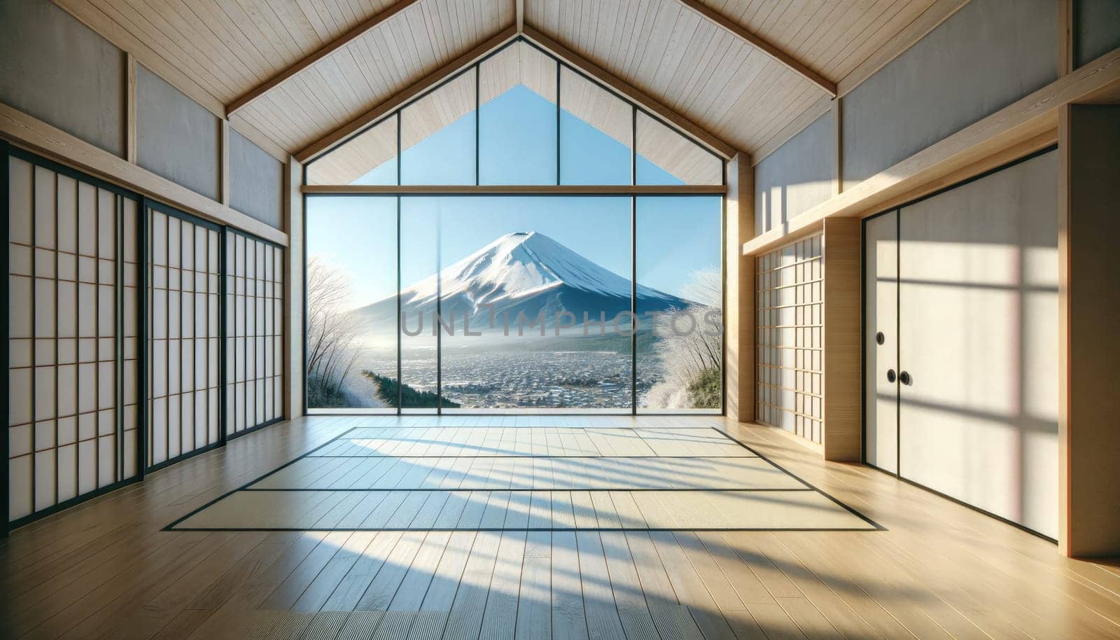 Empty room and wall and wooden floor with interesting. Japan style. Interior background for the presentation. Generative AI.