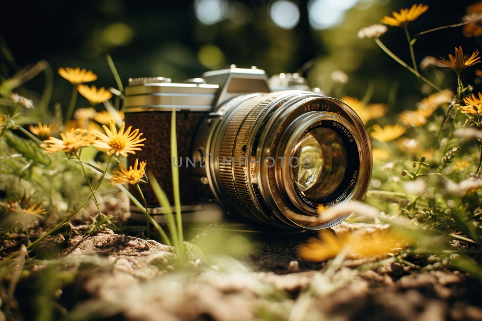 Vintage camera in a field with flowers. Generated by artificial intelligence by Vovmar