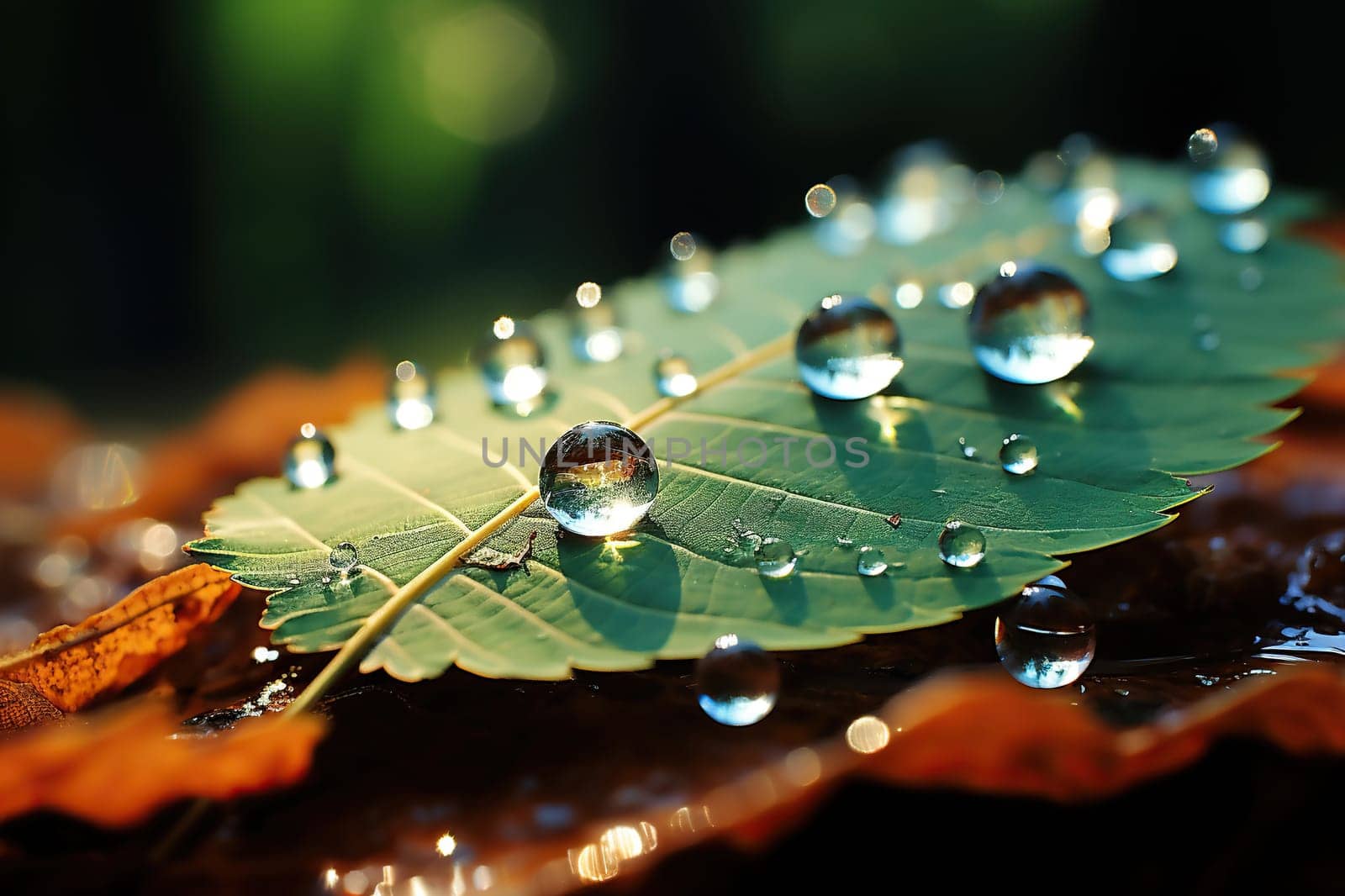 Large transparent drops of water, dew on a green leaf in nature. Environment conservation concept.