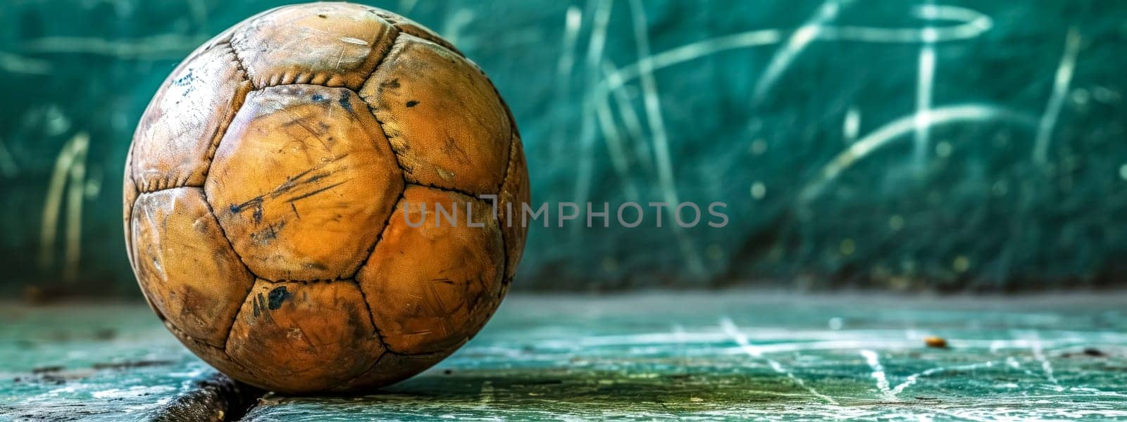 weathered and well-worn leather soccer ball, rich with texture and history, resting on a worn surface with a faded green background that suggests many games played and countless stories told