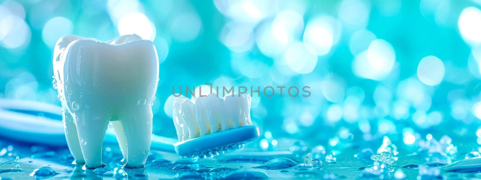 tooth model and a toothbrush, both covered in water droplets against a vibrant turquoise backdrop with light bokeh, emphasizing the importance of dental hygiene